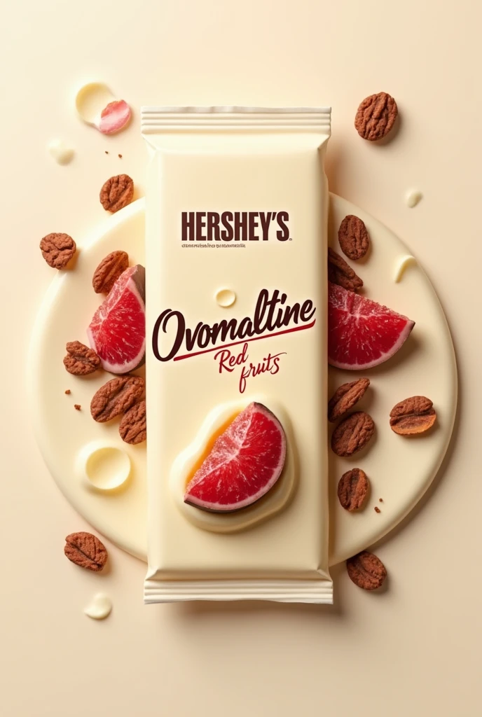 create a horizontal packaging art for white chocolate with pieces of brown and red crispies. The product would be called "Hersheys Ovomaltine Red Fruits"