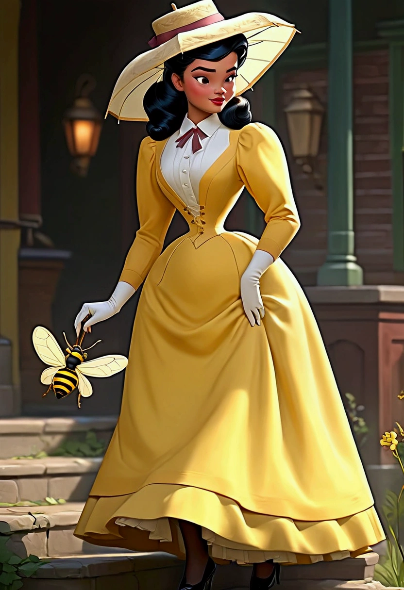 Year 1899. Solo. Veronica Lodge as a gorgeous thicc brunette 15yo thot of the Gilded Age flirting with an old man. 1890_dr3ss. Sexually insatiable nympho. Lifting her skirt, showing some leg. Holding a parasol. Yellow high-collar long sleeve dress. Yellow wide-brimmed hat. Long skirt. Petticoats. Silk stockings. Boots. Large bosom, 9-inch wasp waist, big booty, shapely legs. Full body