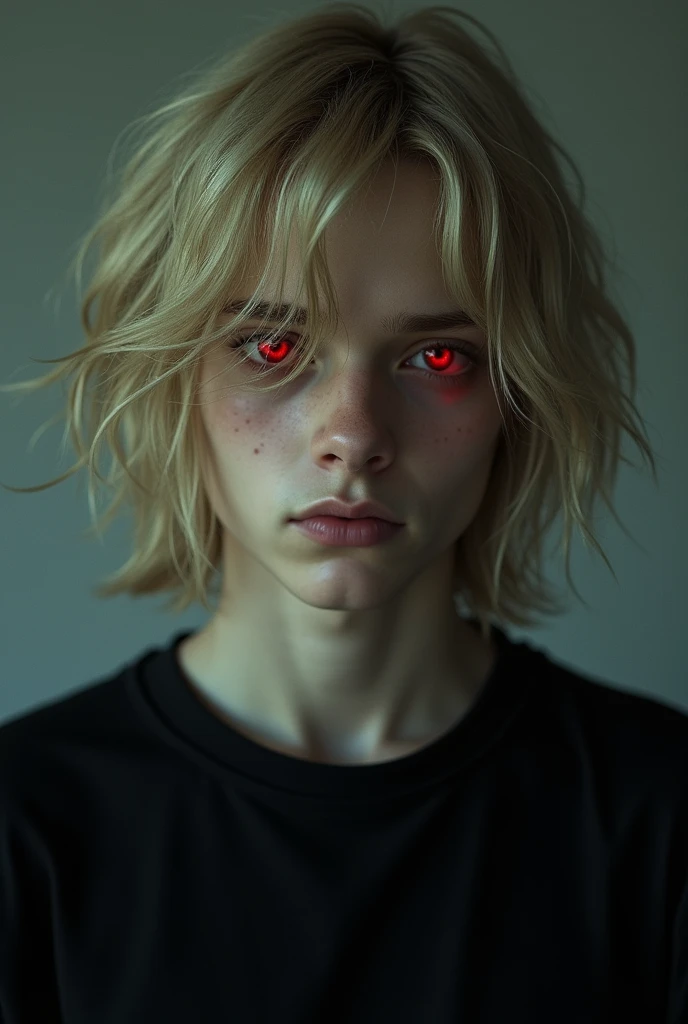 ager guy, blonde hair, red eye contacts, tired eyes, serious face, a black shirt