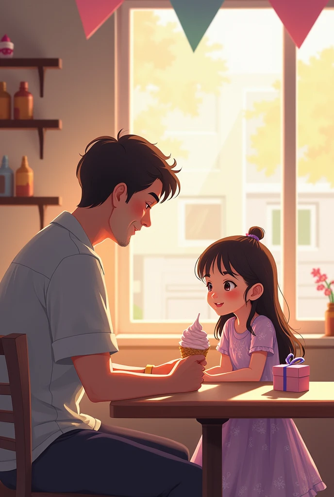 A wearing a dress with purple details at an ice cream shop, sitting with her dad eating ice cream. There's a small gift-wrapped box on the table.