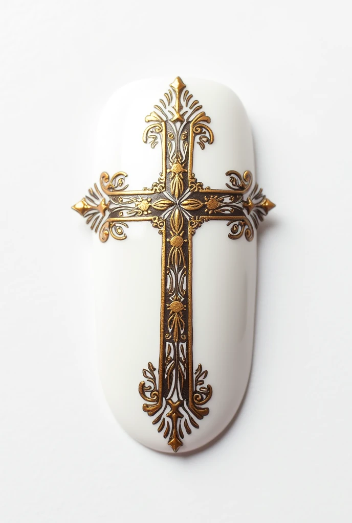 Ornate Christian cross painted on a white gel nail.