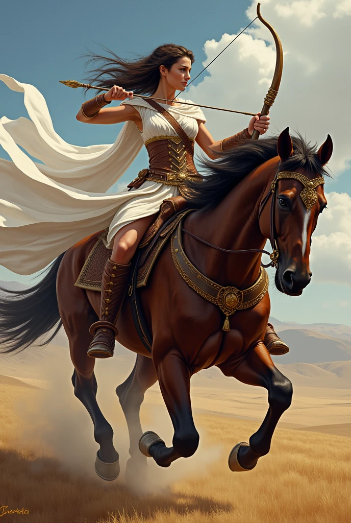 A woman riding a horse with archery