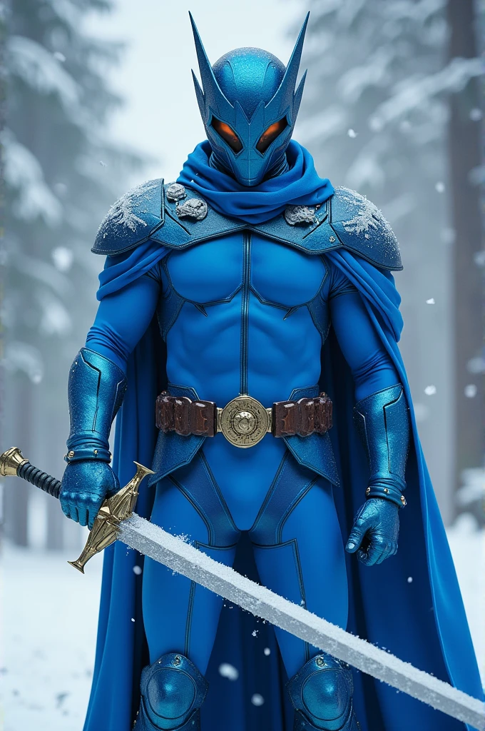 A man with winter sword in his hand and a superhero blue colour dress with an unique helmet