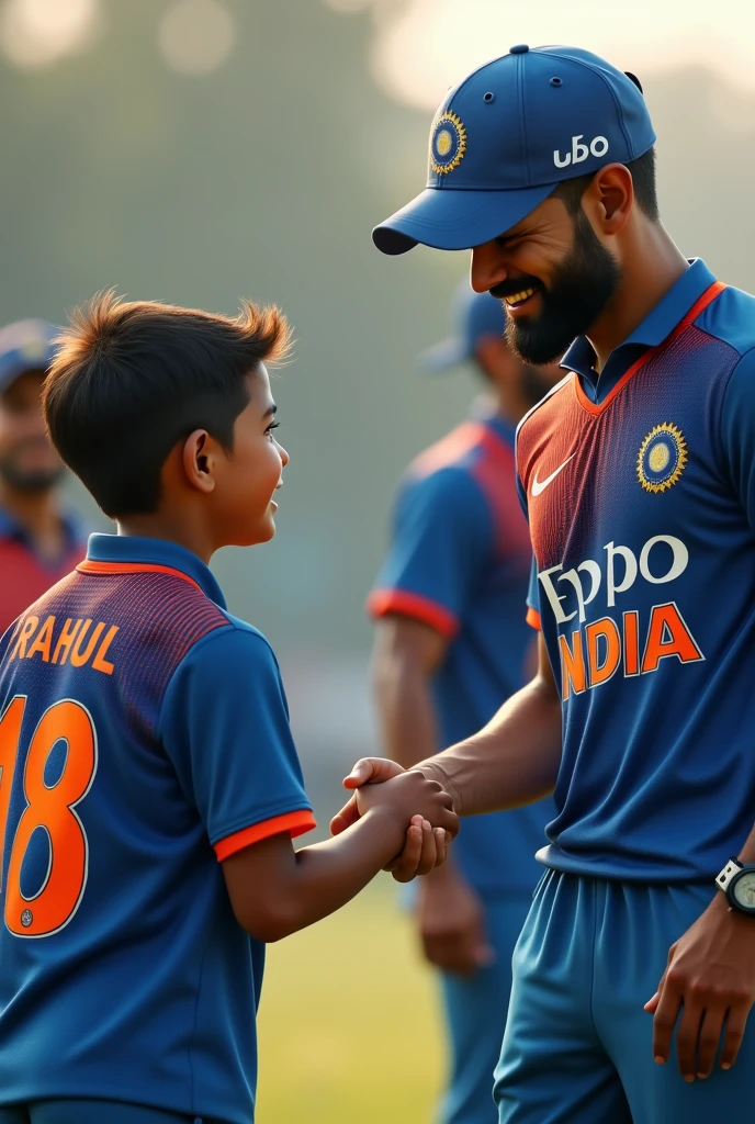 A  boy wearing indian jersey with written "The Rahul" and jersey number 18 shaking hands with Virat Kohli 