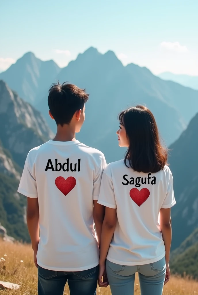 "A young couple, enjoying a peaceful moment on a mountain peak, both wearing white T-shirts. The boy's T-shirt has the name 'Abdul' written in deep black letters, positioned above a heart ❤️. Similarly, the girl's T-shirt features the name 'Sagufa
' in dark black letters, also above a heart ❤️."