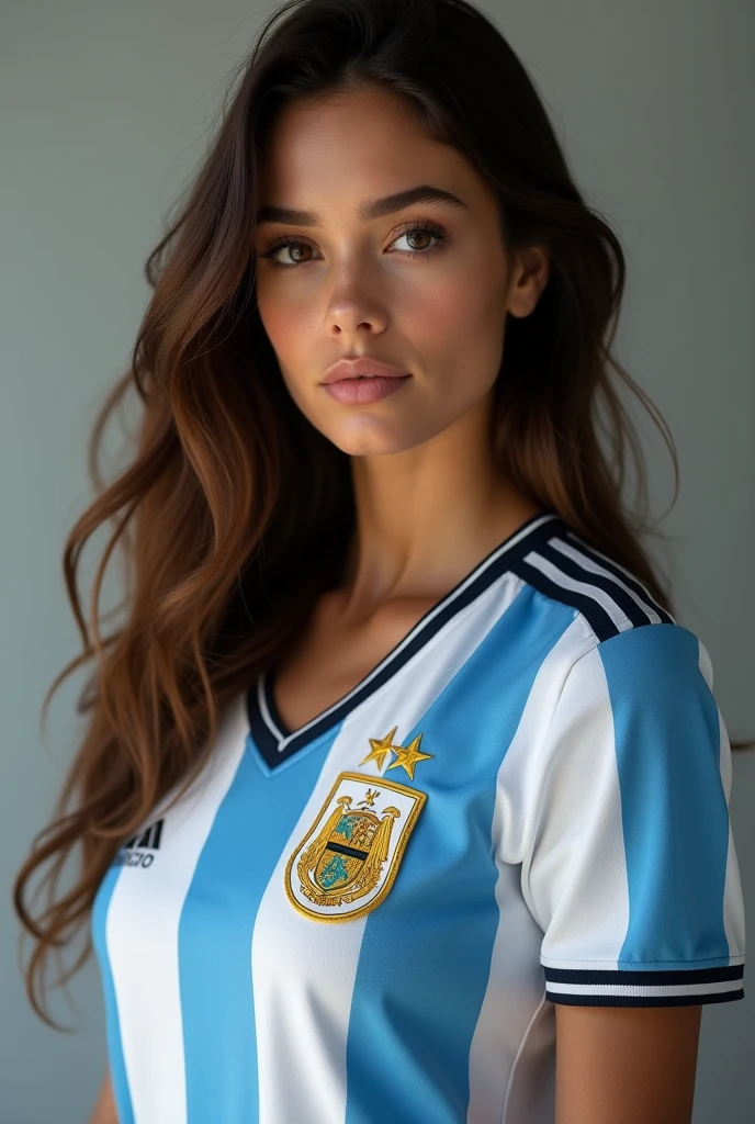sexy Brunette girl, 20 years old, fair skin, athletic body, firm second size breasts, wearing Argentina soccer team jersey, fit body, large breasts, (best quality, 4k, 8k, high resolution, masterpiece: 1.2), ultra-detailed, (realistic, photorealistic, photorealistic: 1.37), HDR, studio lighting, extremely detailed face and body