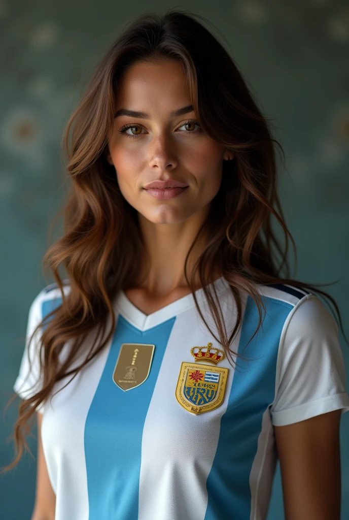 sexy Brunette girl, 20 years old, fair skin, athletic body, firm second size breasts, wearing Argentina soccer team jersey, fit body, large breasts, (best quality, 4k, 8k, high resolution, masterpiece: 1.2), ultra-detailed, (realistic, photorealistic, photorealistic: 1.37), HDR, studio lighting, extremely detailed face and body