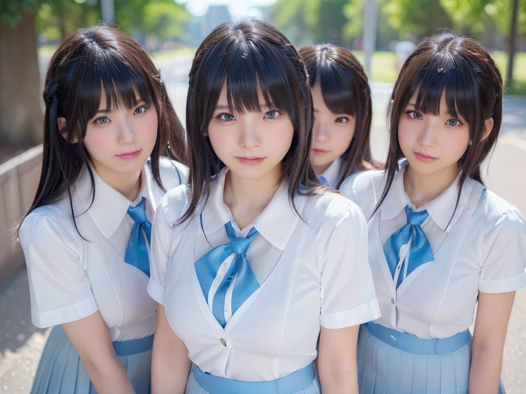 (((Highest quality, Ultra-high resolution, Realistic, RAW Photos, 8k, Real photograph:1.6))), (((日本人high school girl, 16yo))) , Beautiful detailed, Beautiful Face, (((Cute Smile))), Japanese beautiful skin, (((Black Hair, Semi-long hair))), (((Summer Girls' School Uniform))), (((White shirt, Blue check mini skirt))), (((Big Breasts: 1.5))), Super Real, Soft Light, (((high school girl, Very detailed, 6+girls: 1.99))), (((high school girl, Very detailed, perfect identical faces, Perfect identical height, Perfect matching outfit, Perfect matching hairstyle, 完璧な同じBig Breasts: 1.99))), ((100人のhigh school girl: 1.6)), (((high school girlのみ))), ((100人high school girlに囲まれる)), Full body photo, Wide-angle field of view, congestion, Intensive, (((high and wide view))), city park, 10,000 people, 数百万人のhigh school girlが集まる
