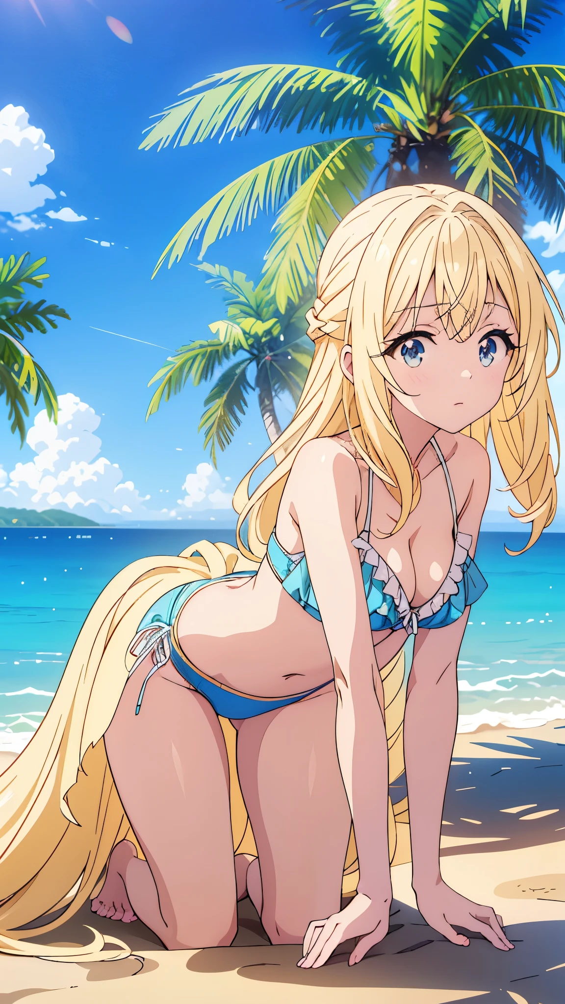 (Superflat, Flat Shading, Flat Color:1.1), (Seaside), One girl, a bit, , slim, Flat Chest, (Sunburned skin:0.6), Long blonde hair, blue eyes, (striped panties), topless, Straw hat, From behind, end, Lean forward, Bend Back, look back, smile, Wind, blue sky, Bright sunlight, Best Shadow, watercolor,