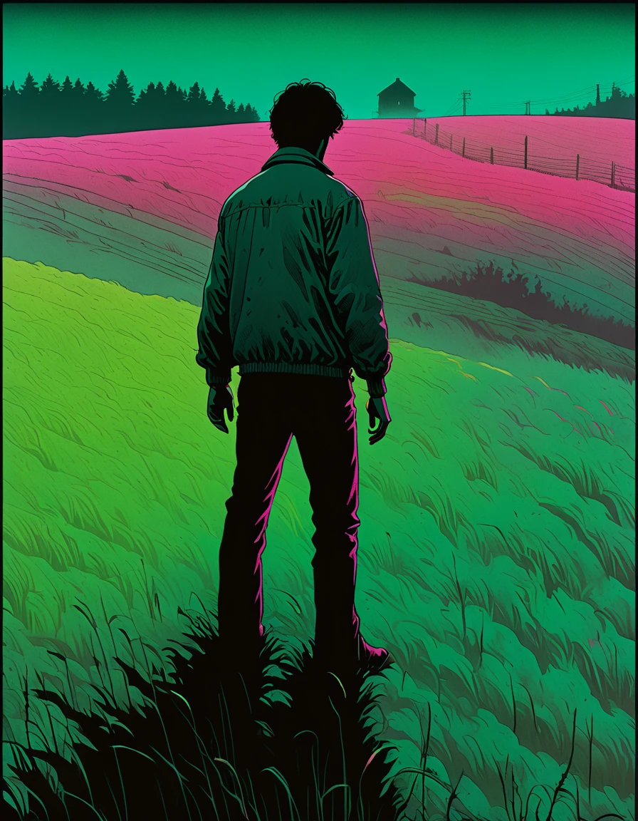 illust、art、from 80s horror movie、zombie in field of mist、high detail, realsitic shadow、Analog style, vhs style, 8mm film, chromatic aberration, Dvd screengrab、Complementary color gradient, a man
