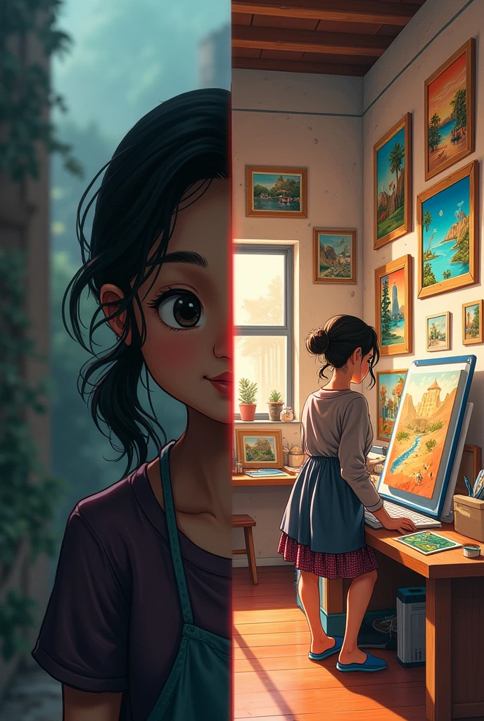 A split image showing Mousumi’s previous struggling life on one side and her current successful, vibrant art studio on the other.
Her work adorned homes, offices, and public spaces, bringing joy and inspiration to many.
