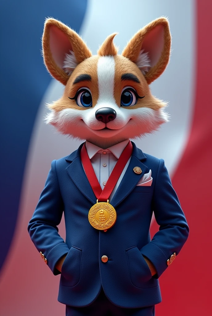 Create a mascot for France, all majestic and refined, elegant to do, wearing the gold medal of the 2024 Paris Olympics around its neck, and the background of the image the colors of the French flag
