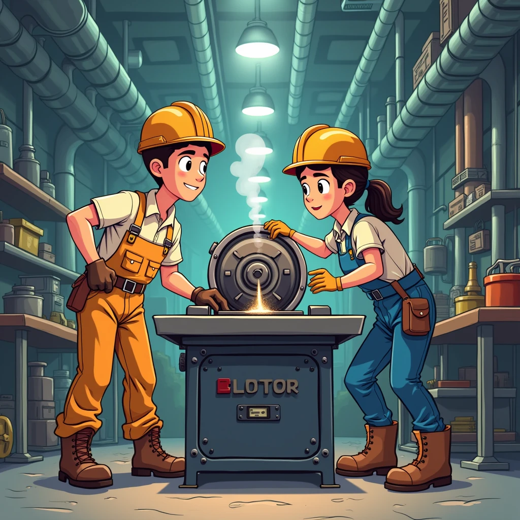 a factory, A worker operating a machine and a female worker observing.. style cartoon
