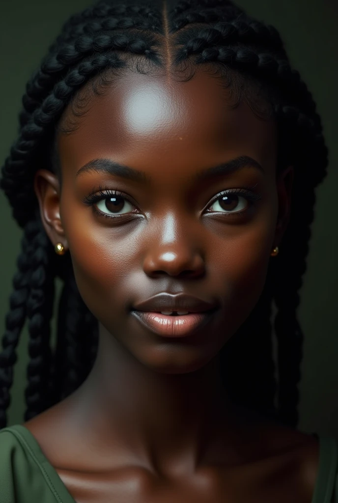 Dark african woman, beautiful eyes, gorgeous smile, tall, big nose, acne spots, braided hair, no cheek bones