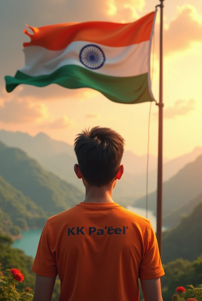 create a 3d image of 18 year old boy is watching indian flag beautiful background, boy wearing saffron t- shirt Name "K K Patel" is written on it,