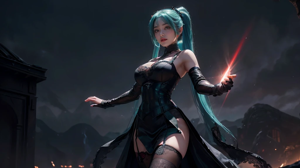 masterpiece,Game Art,Best picture quality,Maximum resolution,8k,(Upper Body,ambush),Unreal Engine 5 rendering works,Ray Tracing,RAW photos,((3D Unreal Engine)),OC rendering reflection mode,(((Hatsune Miku Character))), (((Tosca Hair Color))), ((Long double ponytail hairstyle)), Enjoy the scenery, Focus on the Horizon, (((Perfect eyes))), (((Smile))), 21-year-old girl, Perfect body, (((Perfect anatomical structure))), Tosca Eye Color, Double eyelids, (((Huge breasts))), Very detailed skin texture, (Realistic skin), Ultra-fine face, Delicate lips, (((Delicate eyes))), (((Double eyelids))), necklace, Moist skin, Wet hair, Simple background, (Front focus), (in the darkness:1.6), (((Night Atmosphere))), Deep Dark, Surrealist Portraits of Women by David Hockney and Alphonse Mucha, Fantasy Art, (((Photo-realistic))), ((Dynamic poses)), (((World Model Poses))), Dynamic Lighting, Art Station, poster, Volumetric Lighting, Very detailed faces, 4K, in the darkness, (((Night Atmosphere))), ((Deep Shadows)), Low profile, Cowboy shooting, (((Red long skirt))), Lighting Dress, (((Erotic lace dress))), (((stocking)))