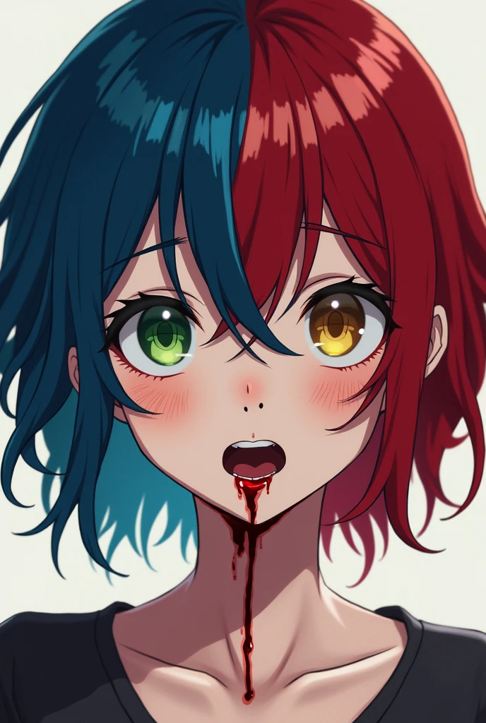 @Meta AI one half hair girl with one fearful with greenish eye left and one scared eye with yellowish right side and both eyelashesh have to be thick half blue hair and half red hair 2-D character like anime lips with blood and nose with piercing and bloody