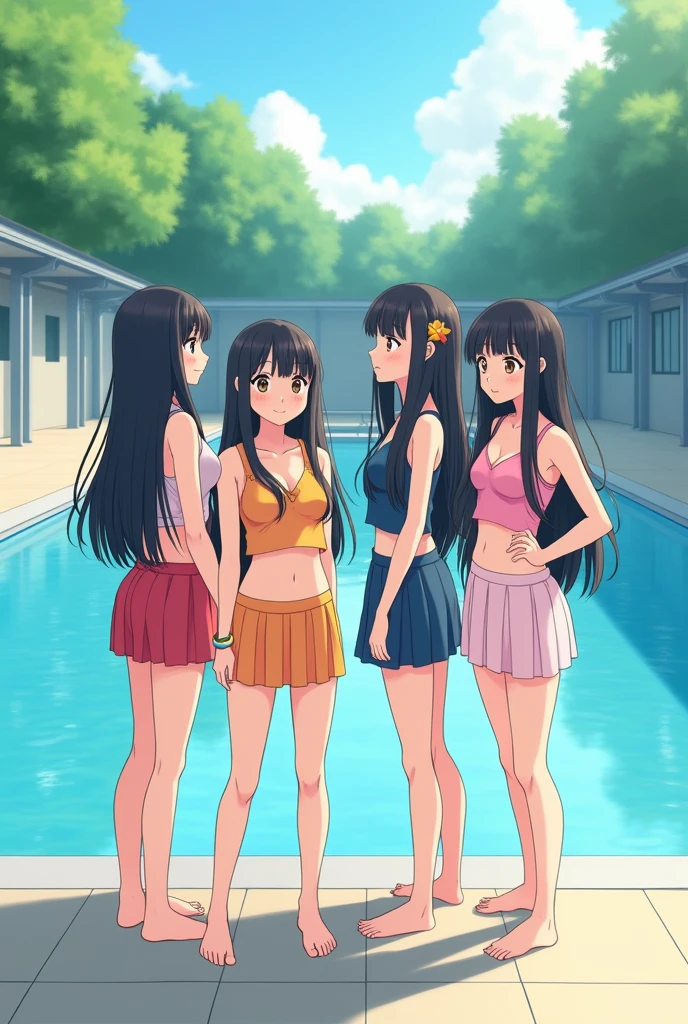 best quality, masterpiece, highres, quintuplets, (nagatoro_hayase_donttoywithmemissnagatoro:1.10), 5girls, quintet, identical sisters, anime coloring, mole under eye, red eyes, looking at viewer, parody, portrait, smile, closed mouth, anime_style, 11, full body, sexy body, perfect body, large breasts, sitting crossed legs, on all fours, blue and white lines bikini, outdoors, yoga poses