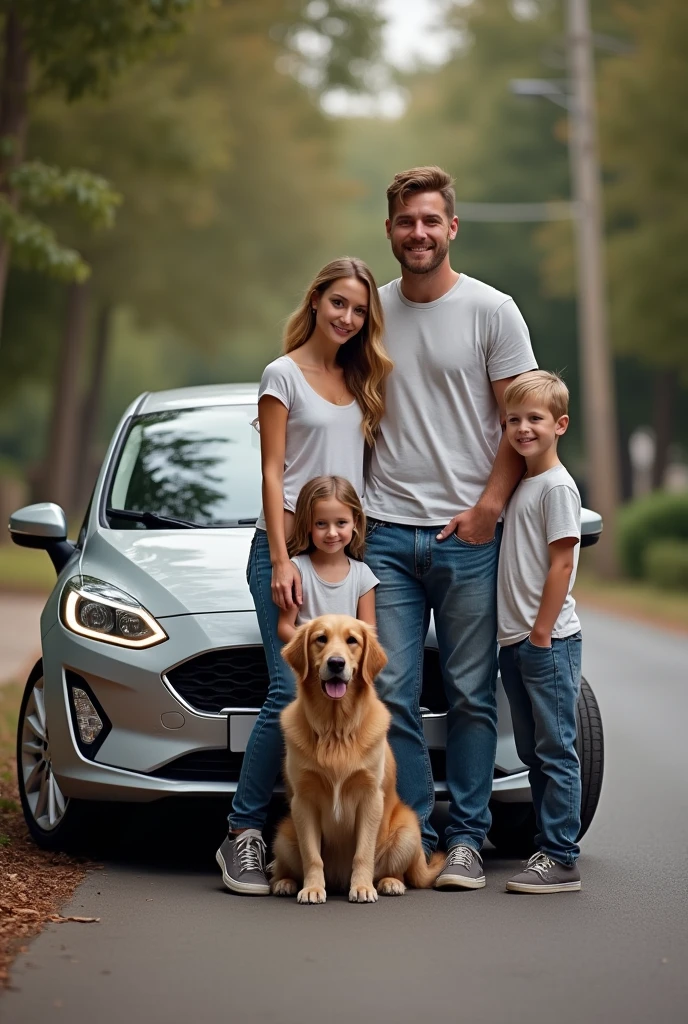 Light-eyed man with girlfriend ,a gray Ford Fiesta , 2 daughters and 1 son , a golden retriever