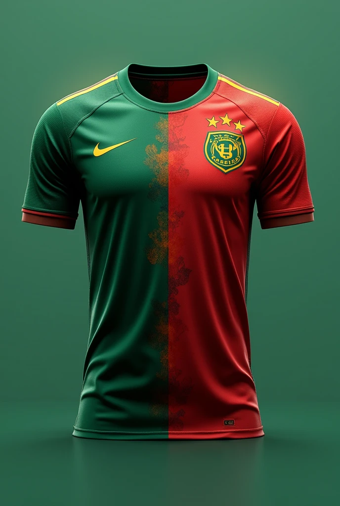 Make a football jersey template where deep green and red color will mixed. Add some yellow color as well but not that much. Only few places. Add some other light color as well. 