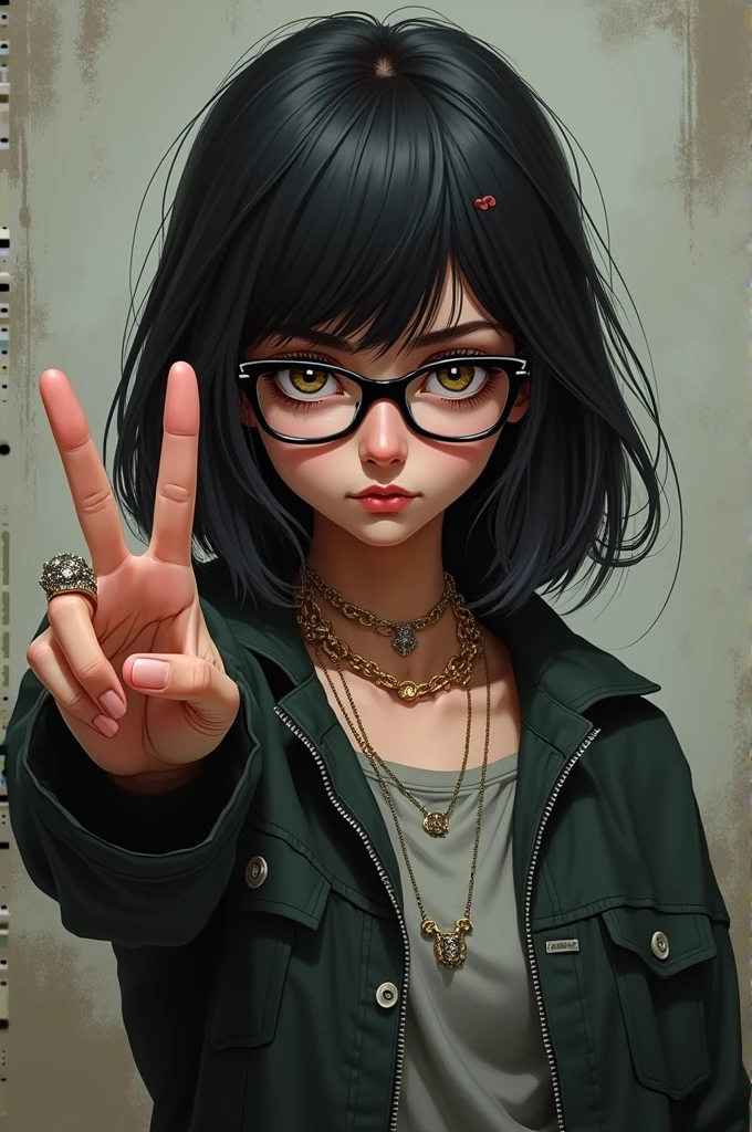a 15 year old female with hair.????? lentes negros mediana de estatura haciendo✌🏻 con cara de enojada y cadenas y anillo 