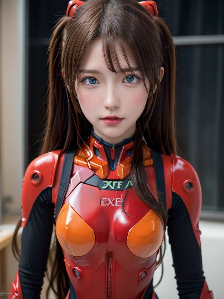 ((Best quality)), ((Masterpiece)), (Details: 1.4), 3D, Asuka Langley Soryu, Asuka, high resolution (high dynamic range), ray tracing, NVIDIA, super resolution, Unreal 5, subsurface scattering ,PBR texturing, post-processing, anisotropic filtering, depth of field, maximum sharpness and sharpness, multi-layered textures, albedo and specular maps, surface shading, accurate simulation of light and matter interaction, perfect proportions ,Octane Rendering,Two-Tone Lighting,Wide Aperture,Low ISO,White Balance,Rule of Thirds,8K RAW,(Masterpiece: 1.4, Best Quality), (Intricate Details), Unity8k Wallpaper, Highly Detailed, Beautiful and Mysterious, Details background, realistic, alone, perfectly detailed face, detailed blue eyes, highly detailed, blush, hair ornament, chignon mahogany hair, (blonde), plug suit 02, Shikinami Asuka Langley, Evangelion, Slender , full body suit, black background, above the waist,composition that shows the whole body,