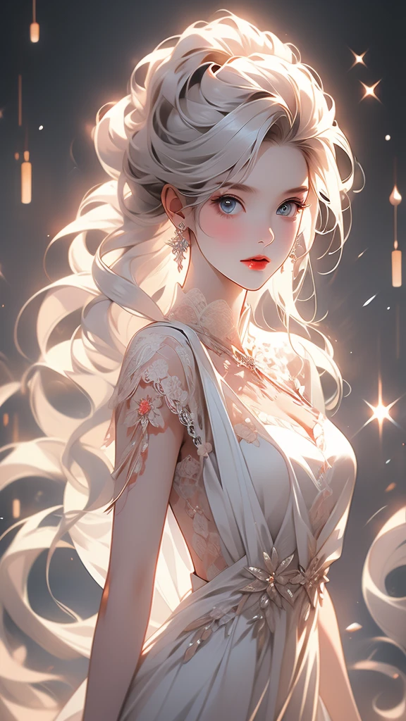 (masterpiece:1.2), best quality, (illustration:1.2), (Ultra Detailed), Super Detail, (Delicate and meticulous), (Intricate details), (Movie Lighting, best quality Backlights), Deleting a row, soloist, Perfect body, (1 girl), Stunning beauty (((Miss))), long, flow (((White hair))), Flawless (((Porcelain skin))), And eye-catching (((Red lips))), Wear (((White, flow lace dress))), assimilate into (Completely pure, (((White backdrop)))), (cosmetic), High contrast, (Better lighting, A very creative and beautiful), (Movie Lighting), Gorgeous,