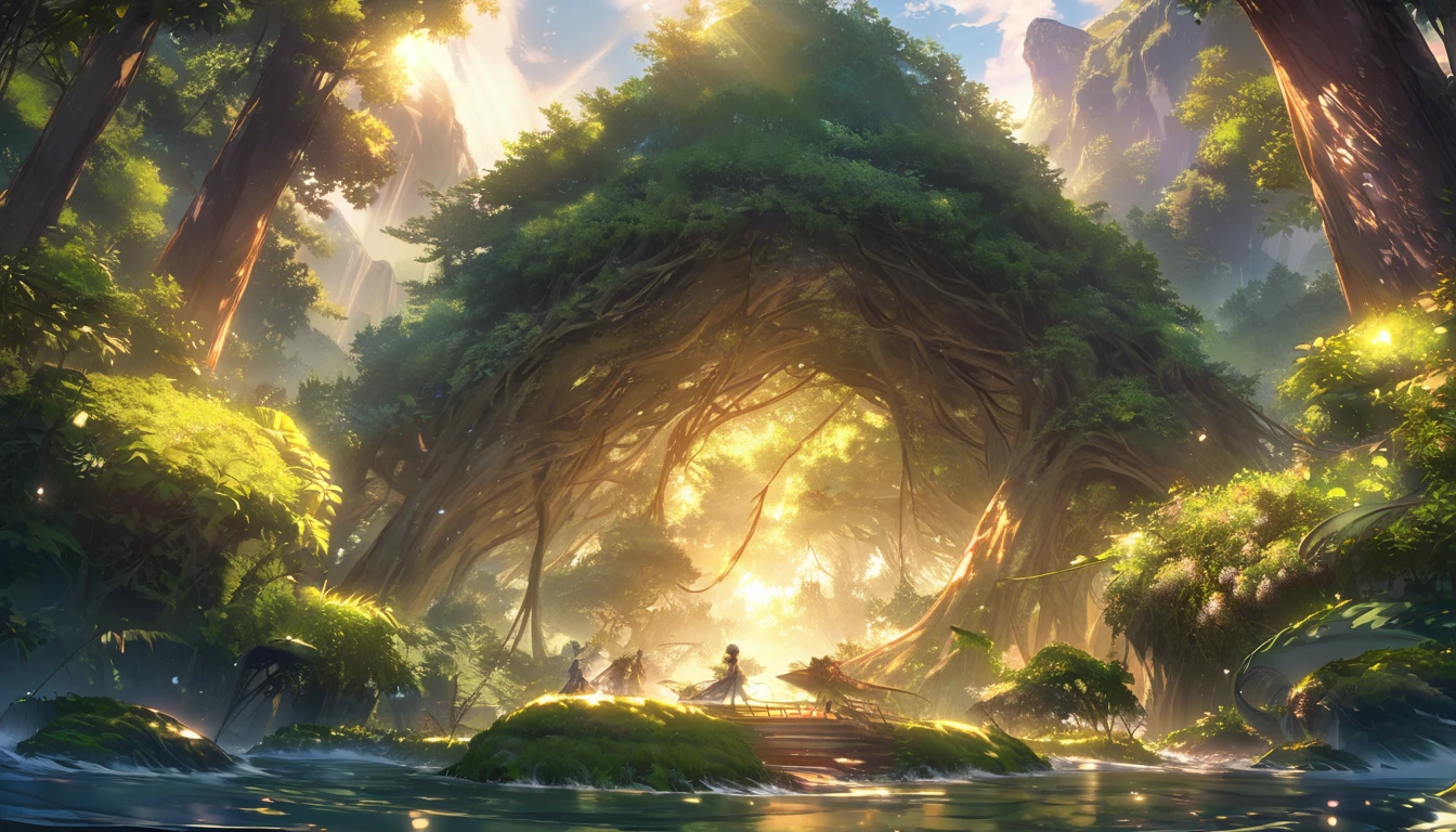 Capture the serene beauty of an ancient forest at sunset、Create awe-inspiring digital art pieces。. そびえ立つwood々The scene should be depicted in soft light..., wood々A golden light shines out, Casting soft shadows on the lush bushes. The image should evoke a sense of calm and wonder..., Immerse your audience in the fascinating world of nature.