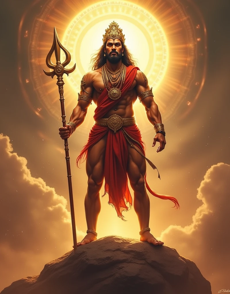 "Create a high-definition image of Lord Hanuman and mix monkey face. Full HD image, standing on a large rock or stone. He is depicted as a powerful and divine figure, with a muscular physique and a determined expression. Hanuman mix monkey face's right hand firmly holds his iconic mace (gada), while his tail is wrapped around his left hand. His body is adorned with traditional ornaments and clothing, including a golden crown. The background should reflect a celestial or spiritual environment, with a warm, glowing aura surrounding Hanuman, highlighting his divinity. The overall scene should capture the strength, courage, and devotion associated with Lord Hanuman."