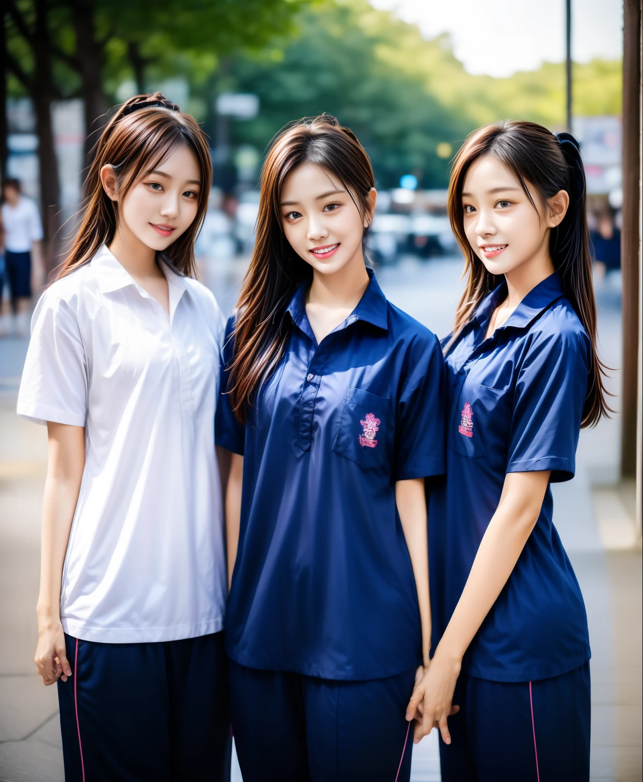 3 girls sleep on bed, Navy blue short-sleeved shirt,Navy Long Trackpant,Sweatpants, Sweatpantsขายาว,25 year old girl, lesbian, sexy, exercise clothes, wet body, exercise clothes