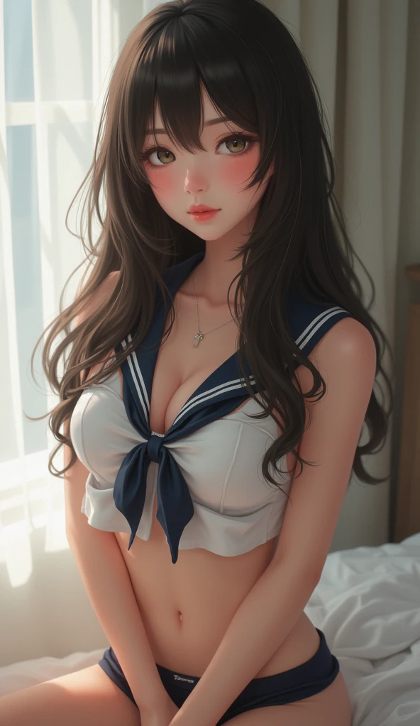 Schoolgirl, Brown Hair, Medium Hair, Sailor Suit, (Nude:1.4), Black Tights (See-Through Lingerie:1.3), (Blushing:1.0), Detailed Face, Roadside, POV crouching