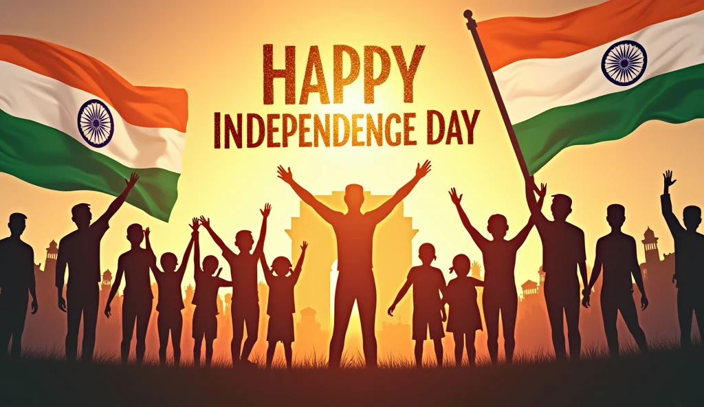 **Prompt:** "A vibrant and patriotic thumbnail featuring the Indian flag waving majestically in the background. In the foreground, a group of diverse people, including soldiers, children, and common citizens, are joyfully celebrating. The text 'Happy Independance day' is written in bold, golden letters at the top, with a glow effect around it. Below the text, an image of the India Gate or Red Fort is subtly visible, symbolizing heritage. The overall color scheme includes shades of saffron, white, and green, reflecting the Indian tricolor, with a slight burst of light emanating from the center to signify hope and freedom."
---
