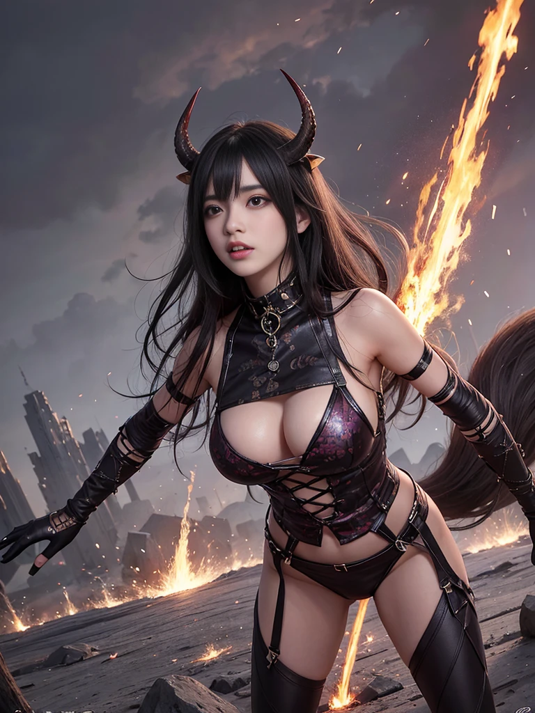 巨big ,Sparkling eyes,Purple eyes、(highest quality,4K,8k,High resolution,masterpiece:1.2),Very detailed,(Realistic,photoRealistic,photo-Realistic:1.37),Mythical monster,Beast-like creature,Muscular,Six big legs,Stand like a gorilla,Red fur covering the body,two big horns,Drill teeth,Sharp Claws,Huge shape,Burning Fire Magic,Energy aura,A threatening presence,Glowing Eyes,Intimidating posture,Dark Environment,Smoke-filled air,Ominous Shadow,Majestic and fierce,Explosive power,Vibrant colors,bold,Horror art style,moving composition,Dramatic lighting,rib layer,large sharp teeth,Sharp Edges,Very detailedスケール,Burning Crack,Burning Flames,Furious expression,Burning with anger,Surrounded by sparks and embers