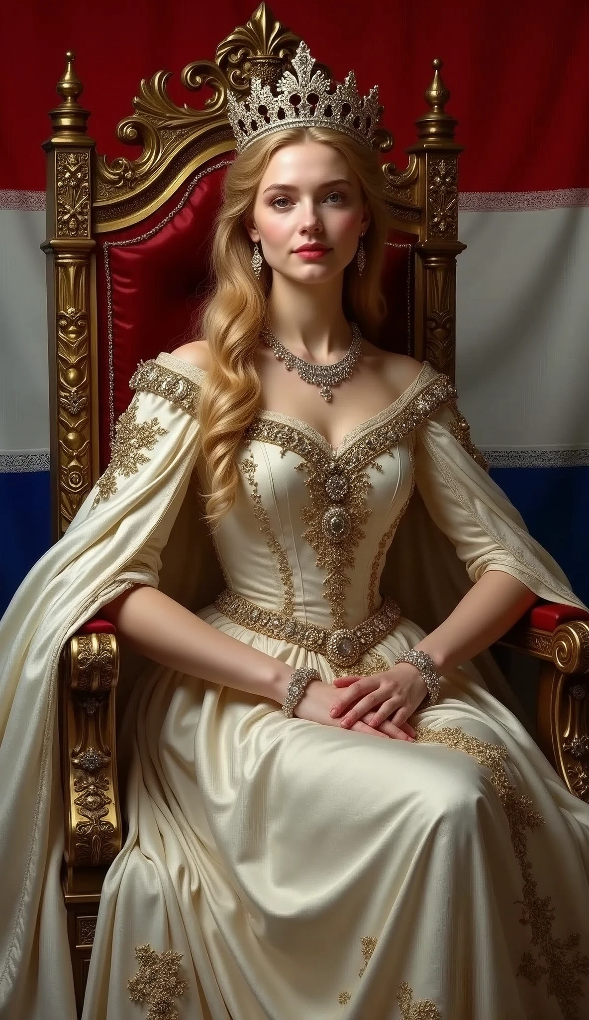 young and beautiful Dutch queen。whole body。Sit on a throne、Wearing the crown、Holding a scepter and a jewel。Dutch flag in the background