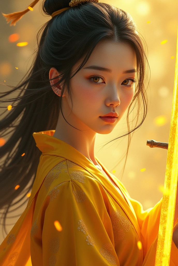 Chinese fantasy art, in the background some yellow tones and a girl in ancient clothes with long black hair tied in a ponytail, with amber eyes, her clothes are yellow and she holds a sword With flashes of almost orange yellow and pointing forward, its eyes are slanted. His face is more like that of