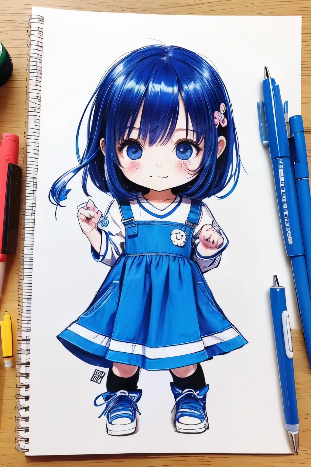 Blue ballpoint pen draft, similar to children's graffiti, cute style, messy lines, drawing level equal to children around , full of imagination and expressiveness, comic style, chibi, in the picture is a [cute girl] [Draw pictures], blank background. --no color --niji 5