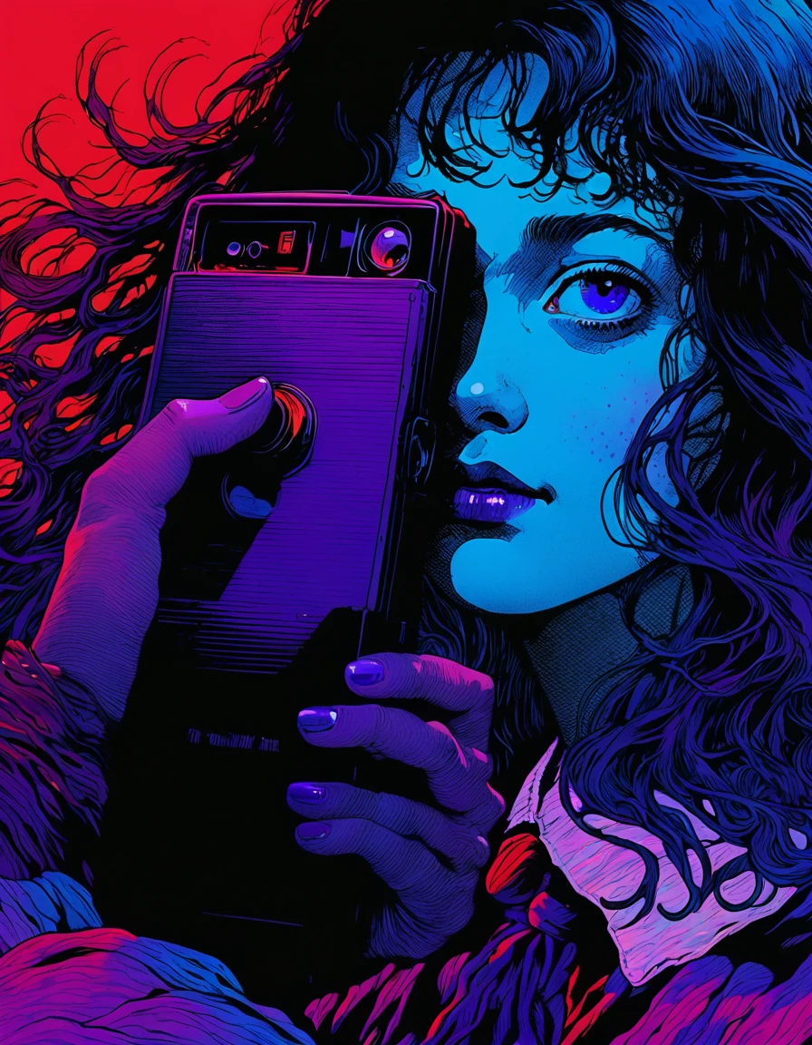 illust、art、from 80s horror movie、directed by Junji Ito、nightmare、high detail、realsitic shadow、Analog style、vhs style、8mm film,、chromatic aberration、Dvd screengrab、Blue-purple and red-purple gradation、Surrealism、tom hanks