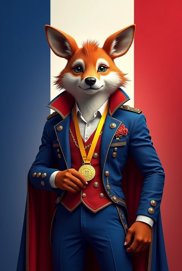 Create a mascot for France, all majestic and refined, elegant to do, wearing the gold medal of the 2024 Paris Olympics around its neck, and the background of the image the colors of the French flag 