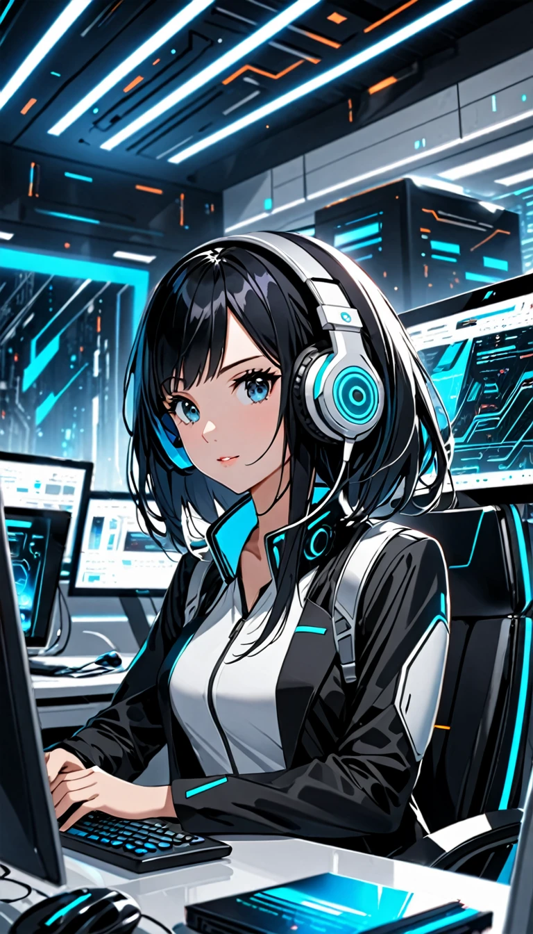 Beautiful and black hair, face with headphones in futuristic officce