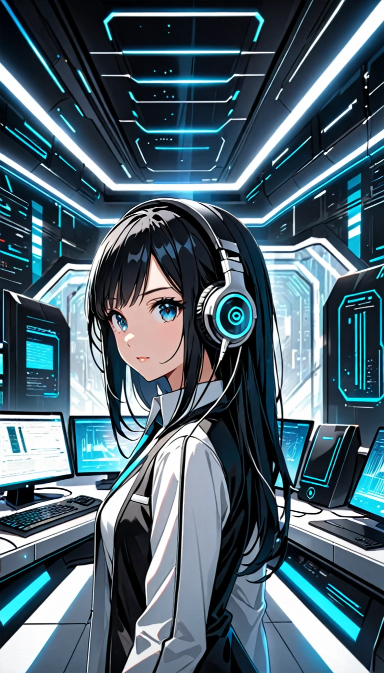 Beautiful and black hair, face with headphones in futuristic officce