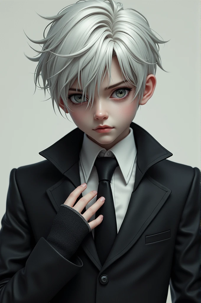 nakroth, 1 boy, solo, male focus, fingerless gloves, white hair,suit, necktie, unshirt