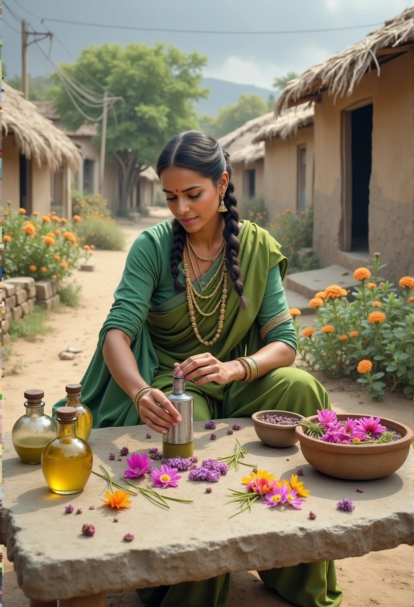Beautiful Indian woman with bright green eyes. Year 1.200, making perfume with various flowers on top of an old stone table. In the background, a poor village made of wood and straw, some flowering trees and bushes nearby. The sun shines on a beautiful day.