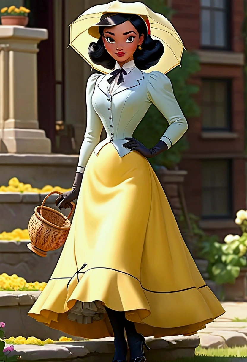 Year 1899. Solo. Veronica Lodge as a gorgeous thicc brunette 15yo thot of the Gilded Age flirting with an old man. 1890_dr3ss. Sexually insatiable nympho. Lifting her skirt, showing some leg. Holding a parasol. Yellow high-collar long sleeve dress. Yellow wide-brimmed hat. Long skirt. Petticoats. Silk stockings. Boots. Large bosom, 9-inch wasp waist, big booty, shapely legs. Full body