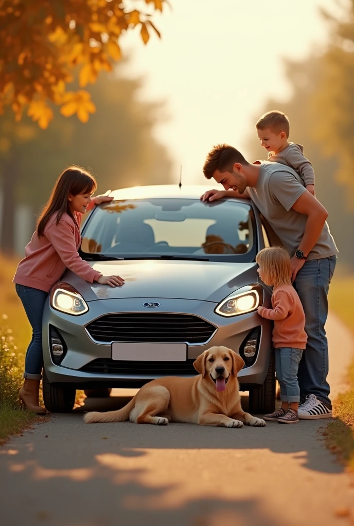 Light-eyed man with girlfriend ,a gray Ford Fiesta , 3 children , a golden retriever