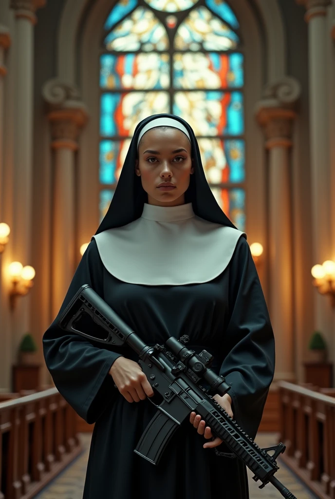 [Core Concepts] Beautiful young nun, Assault rifle in hand、Stand before the magnificent altar of a stately chapel.

[Character description] The nun is young々Successfully、It is depicted in a stunningly beautiful way、She's got a shaved head、Her look adds an unexpected edge、She's holding a rocket launcher、The gun is pointed directly at the viewer、Creates tension and anxiety.

[environment/background] This scene is epic, A gorgeous chapel, Intricate stained-glass windows cast a colorful light all around.. The towering altar is the focal point, Emphasize a sacred and solemn atmosphere、

[Style and atmosphere] The overall atmosphere is grand and solemn.、Has militaristic and sinister connotations、The juxtaposition of the nun&#39;s beauty and the lethal weapon she wields、It creates tension that causes anxiety and agitation.、

[composition] The nun is positioned in the center of the frame, Her Hall々The figure and rocket launcher dominate the composition. Stained glass windows and an altar surround her., Creates a sense of depth、Add drama, The cinematic quality of the scene.

[Details and decoration] The nuns&#39; physical appearance is exaggerated, Her big, protruding chest, Further increasing the visual impact and sense of incongruity. The intricate architectural details and dramatic lighting of the chapel、Contributes to an overall sense of grandeur and majesty。.

[Technical Specifications] Images are rendered with a high level of realism and attention to detail, 視覚的に印象的で考えさせるcompositionを作成することに重点を置いています.