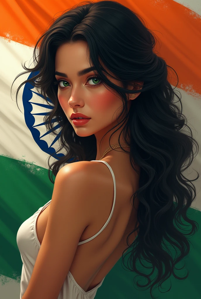 Very beautiful Indian woman with dark black hair and green eyes saluting the Indian flag are on the back of t-shirt with indian flag design