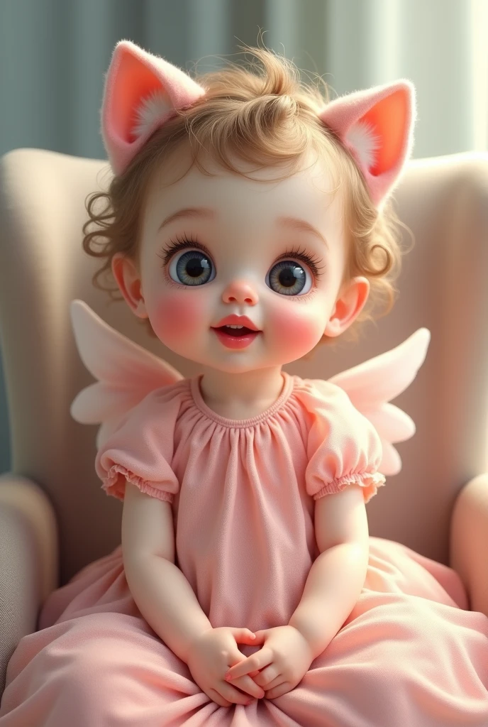 Famale baby setting on chair female baby look front female baby lip red famale baby ear like cats famale baby frock colour pink
Cleen background