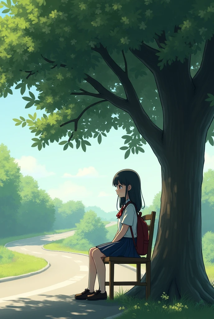 A girl sits on a chair under a tree near the road waiting to be picked up after school.