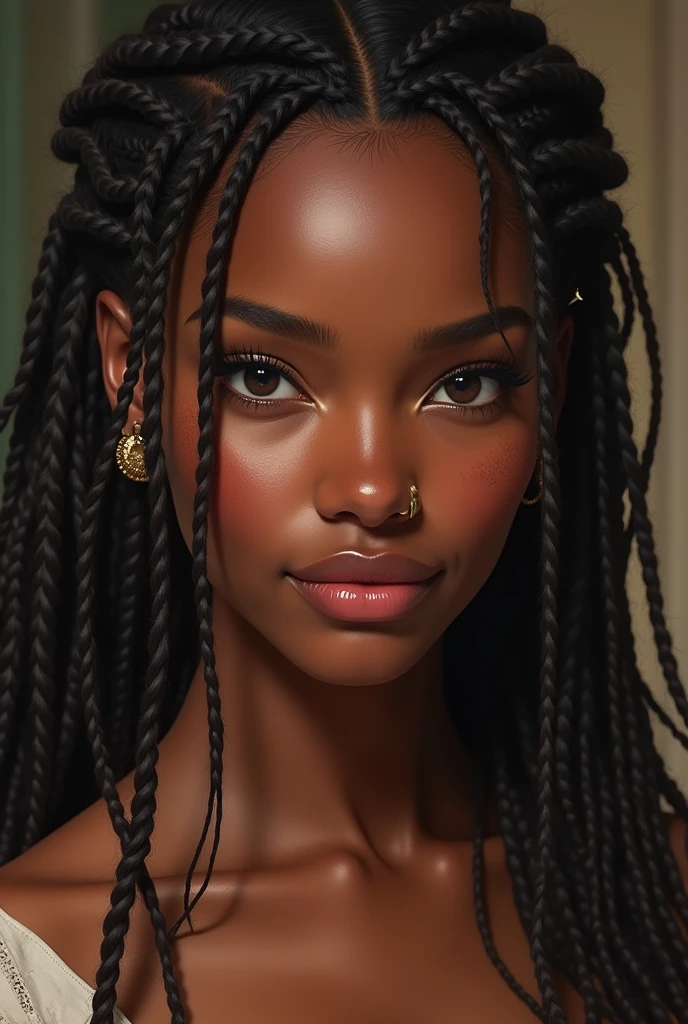 Best quality, 4k, 8k, high resolution, masterpiece : 1.2, ultra-detailed, (art, cartoon color : 1.37), HDR, thick lines, portraits, femme africaine, dark skin, elegant pose, courbes magnifiques, intricate details, elaborate hairstyle, traits faciaux fins, captivating eyes, full lips, contraste moyen, romantic lighting, couleurs vibrantes.