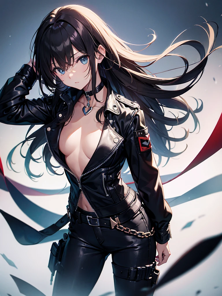 (flat chest:1.5), (flat chest:1.5), rider, Black Leather Jacket, Big Tits:1.5, Big Tits:1.5, Big Tits:1.5, Misaka Mikoto, 1girl, black choker, uhd, retina, masterpiece, ccurate, anatomically correct, textured skin, super detail, high details, high quality, best quality, highres, 4K